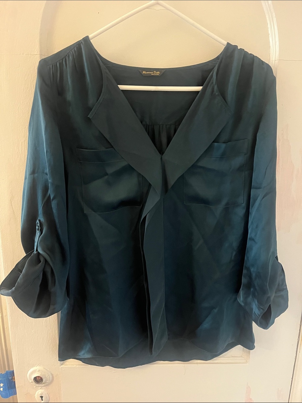 Massimo Dutti Deep Teal 100% Silk V-Neck Blouse